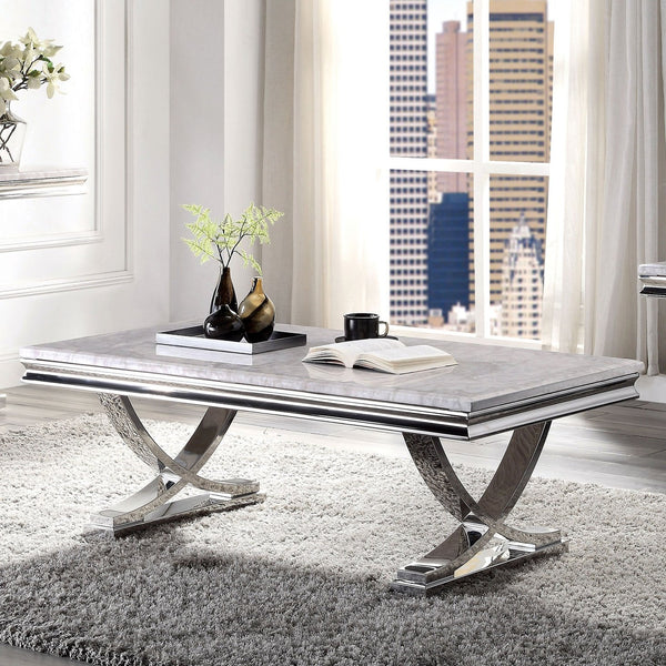 English Elm Modern Glam Coffee Table with 18mm Faux Marble Top, Beveled Edges and Curved Pedestal Metal Base Chrome 31 L x 55 W x 4 H B2741S00430