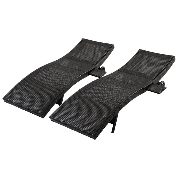 English Elm K&k Outdoor Wicker Reclining Chaise Set 2 Piece with Pull Out Tray Rolling Wheels Black+Brown N707P395515D