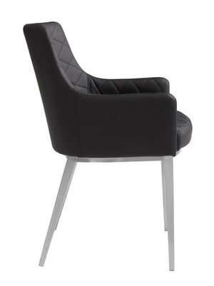 Sunpan CHASE Dining Armchair - Elegant Black Faux Leather with Diamond Tufting & Modern Stainless Steel Legs 30152
