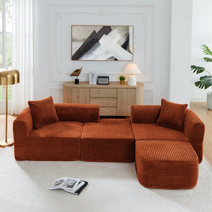 English Elm 114" Cloud Sectional Couch with L-Shape Chaise Modular Corduroy Sofa with Movable Ottoman, No Assembly Required, Plush Comfort for Living Spaces Orange W1117P371653