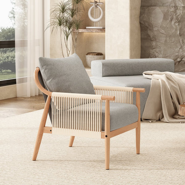 English Elm Braid Armchair Mid Century Modern Linen Wood Accent Chair with Ergonomic Support and Plush Cushioning Grey T3623P409105