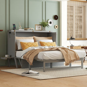 English Elm Queen Murphy Cabinet Bed Solid Pine Build with Usb Charging and Fold Out Desktop Grey W504S00167