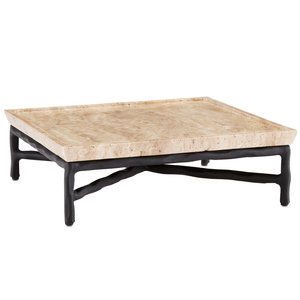 Boyles Travertine Tray with Unique Pitting and Forged Iron Base - Modern Natural Home Accent