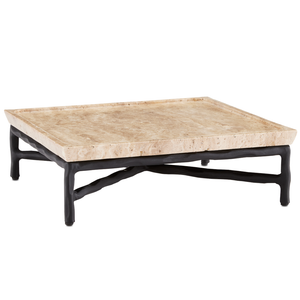 Boyles Travertine Tray with Unique Pitting and Forged Iron Base - Modern Natural Home Accent