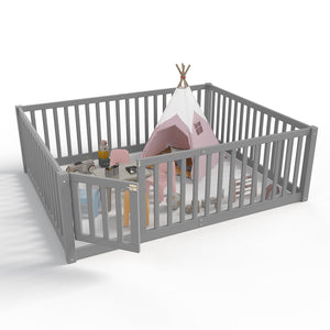 English Elm Twin Floor Bed Pine Wood Frame with Guardrails and Door for Safe Toddler Sleep Gray W1580P418052