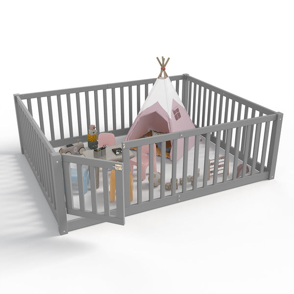 English Elm Twin Floor Bed Pine Wood Frame with Guardrails and Door for Safe Toddler Sleep Gray W1580P418052