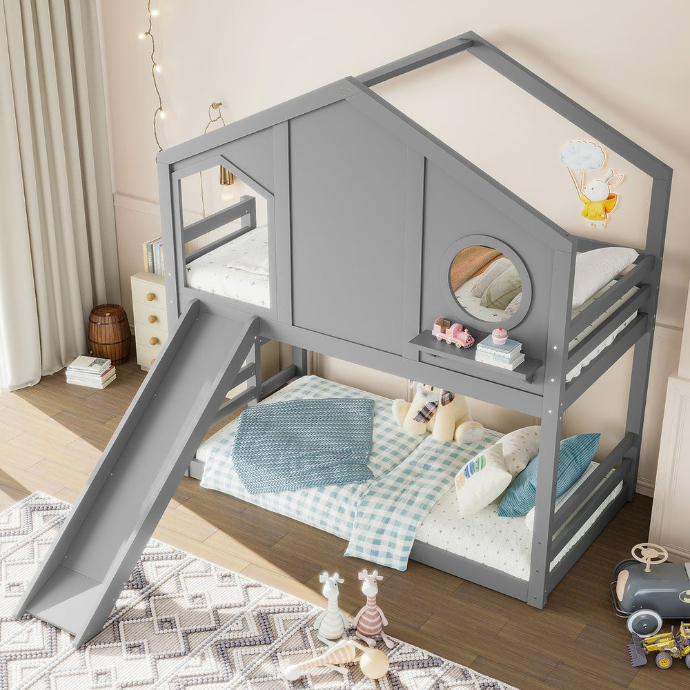 English Elm Full Bunk Bed with Trundle Bookshelf Storage Pine Frame Car Design for Kids Gray W1580S00465
