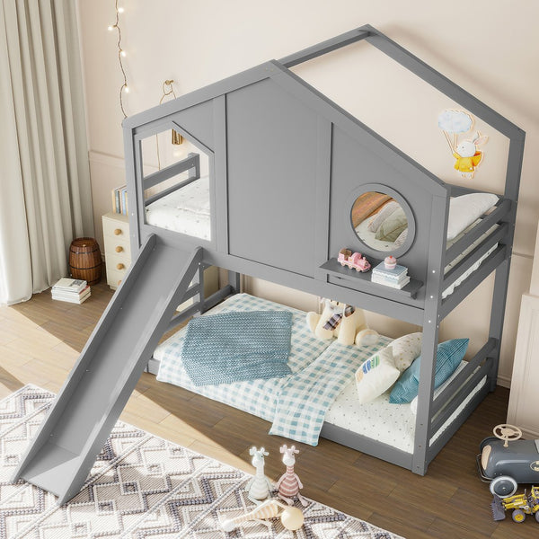 English Elm Full Bunk Bed with Trundle Bookshelf Storage Pine Frame Car Design for Kids Gray W1580S00465