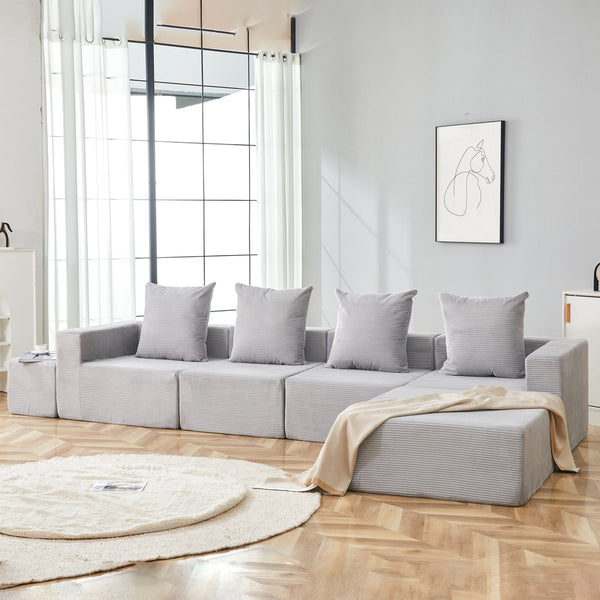 English Elm L-shaped Modular Sectional with Ottoman Corduroy Upholstery Four Seat Living Room Sofa Gray W2699S00082
