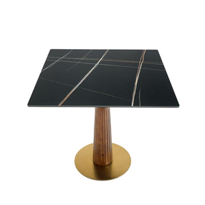 English Elm Modern Square Dining Table, 33.5" Sintered Stone Top With Elegant Wooden Legs & Gold Base, Ideal For Small Spaces And Two-Person Dining W1535S00570