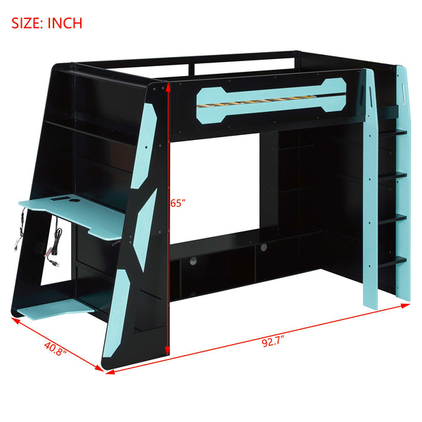 English Elm Twin Gaming Loft Bed with Desk Rgb Lighting and Multi-tier Shelves for Teen Rooms Blue LT000160AAC