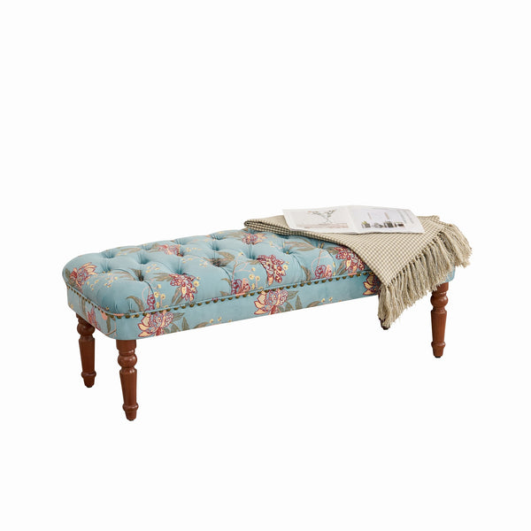English Elm European Tufted Floral Upholstered Bench with Turned Legs for Bedroom or Living Room W3373P453377