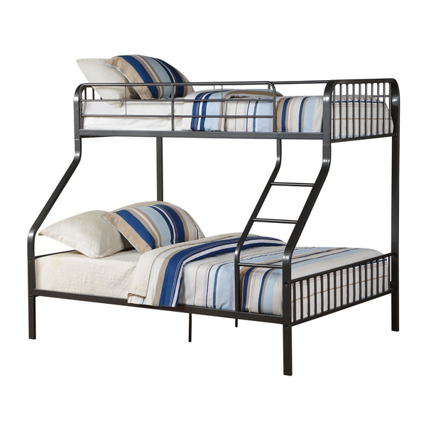 English Elm Gunmetal Twin XL/Queen Bunk Bed Solid Pine 13-Slat Support, Built-In Right Ladder, Space-Saving Rustic Finish B062S00468