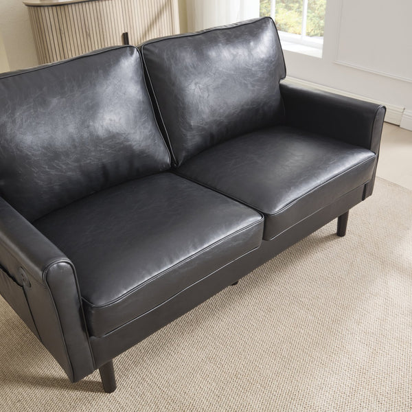 English Elm Loveseat Modern Mid-Century 2-Seater with USB Type-C Charging, Removable Zippered Covers, Sturdy Wood Legs Black PU W395P238820