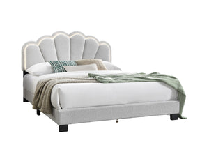 English Elm White Queen Wool Fabric Platform Bed with Scalloped Tufted Headboard, LED Lighting, Fully Upholstered Elegance B011P238976