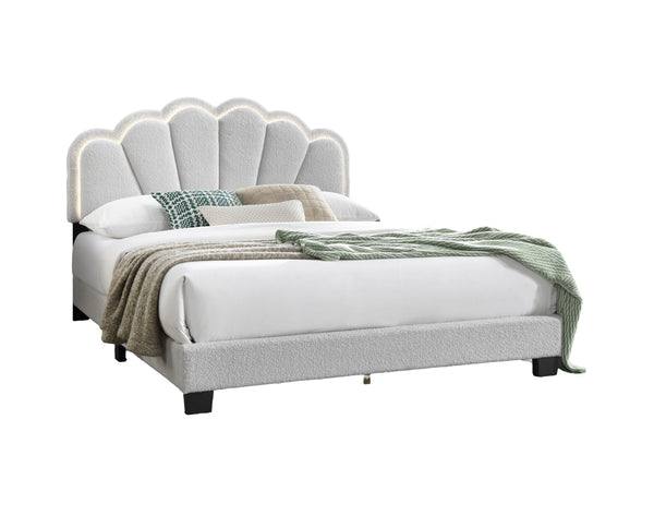English Elm White Queen Wool Fabric Platform Bed with Scalloped Tufted Headboard, LED Lighting, Fully Upholstered Elegance B011P238976