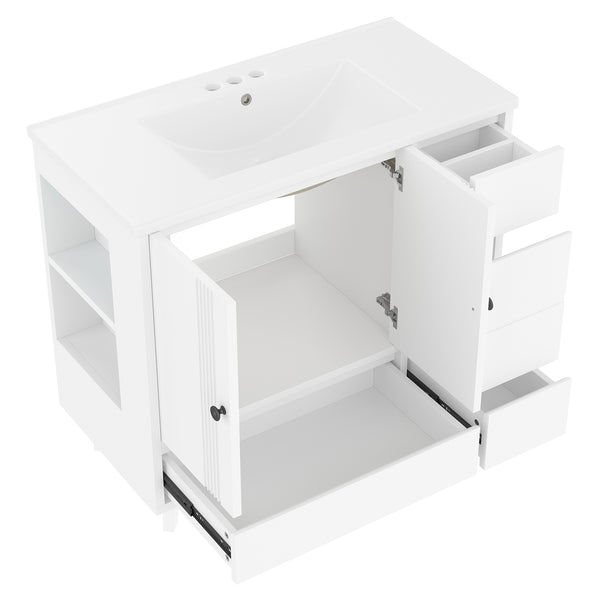English Elm 36" Freestanding Bathroom Vanity Solid Wood Cabinet Ceramic Basin Four Drawers White W1580P382510