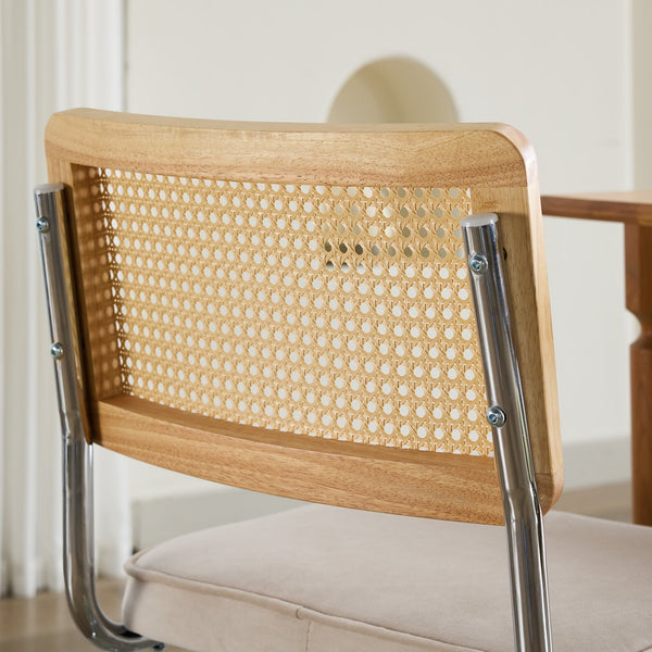 English Elm Mid Velvet Rattan Dining Chair Set of 2 — Breathable Handwoven Back, Plush Velvet, Reinforced Steel Frame Beige W1143P168322