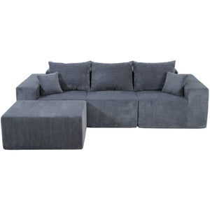 English Elm 4-Piece Modular L-Shaped Sectional Sofa with Corduroy Upholstery, Convertible Chaise, Pillows Included Grey W3163S00037