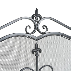 English Elm Onyx 3-panel Forged Iron Fireplace Screen with Fleur-de-lis Scrollwork Matte Black N775P386819B