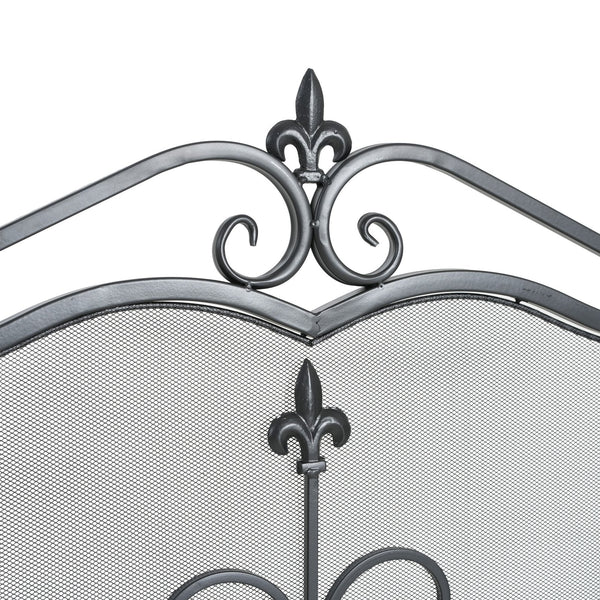 English Elm Onyx 3-panel Forged Iron Fireplace Screen with Fleur-de-lis Scrollwork Matte Black N775P386819B
