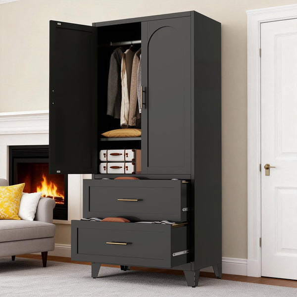 English Elm 71" Steel Wardrobe with Hanging Rod Two Drawers and Shelf for Compact Bedroom W3387P411306