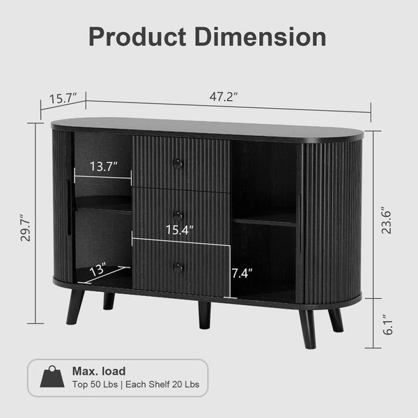 English Elm Sideboard Fluted Credenza with Three Drawers Two Doors Matte Black Modern Storage Black T3773P417309