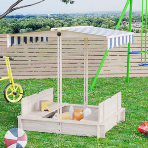 English Elm Outsunny Cedar Wood Kids Sandbox with Adjustable Canopy and Foldable Bench Seats W2225P200739
