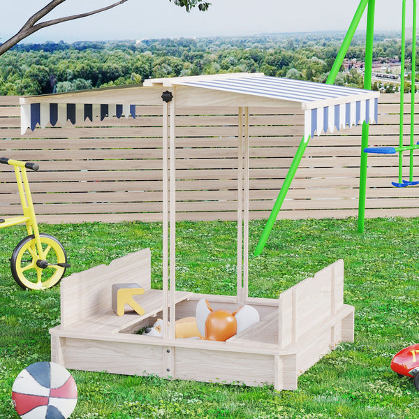 English Elm Outsunny Cedar Wood Kids Sandbox with Adjustable Canopy and Foldable Bench Seats W2225P200739