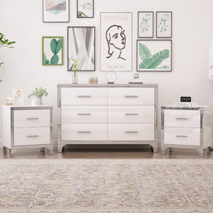English Elm 3-Pieces Modern Dresser and Two Nightstands with Mirrored Trim, Metal Handles, Spacious Storage White 55.71 L x 19.29 W x 10.63 H N733S205355K