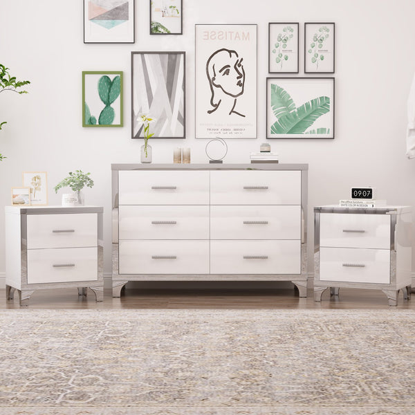 English Elm 3-Pieces Modern Dresser and Two Nightstands with Mirrored Trim, Metal Handles, Spacious Storage White 55.71 L x 19.29 W x 10.63 H N733S205355K