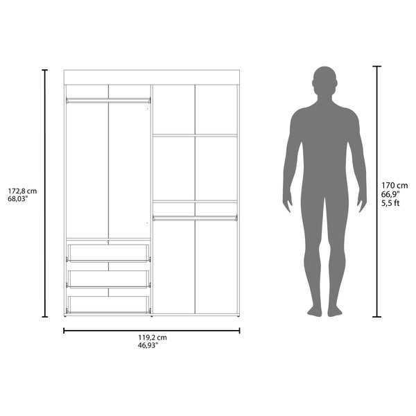 English Elm Hamilton Mobile Armoire with 4 Doors, 3 Drawers, Dual Hanging Rods and Multiple Shelves for Organized Storage and Durable Engineered Wood Finish White 70.47 L x 23.23 W x 4.33 H B097S00230
