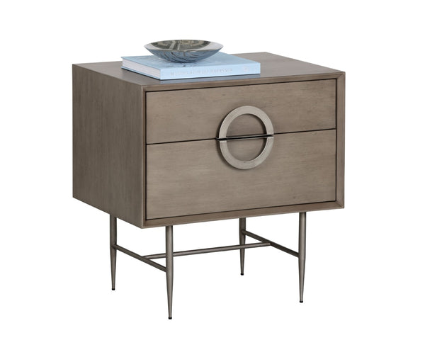 Sunpan EMERY Nightstand - Handcrafted Antique Silver Accents with Ash Grey Finish & Soft-Closing Drawers 104099