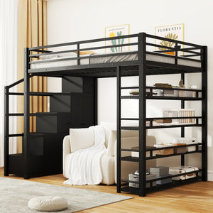 English Elm Queen Metal Loft Bed with Wardrobe Shelves and Staircase Storage in Matte Black N7090004203B