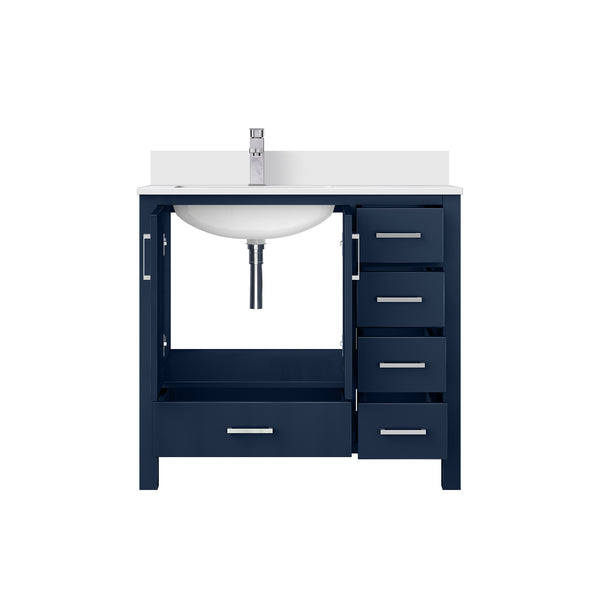 English Elm Navy 36" Bath Vanity with Left White Quartz Top, Soft-Close Drawers, Chrome Faucet, Ample Storage B2731P259055