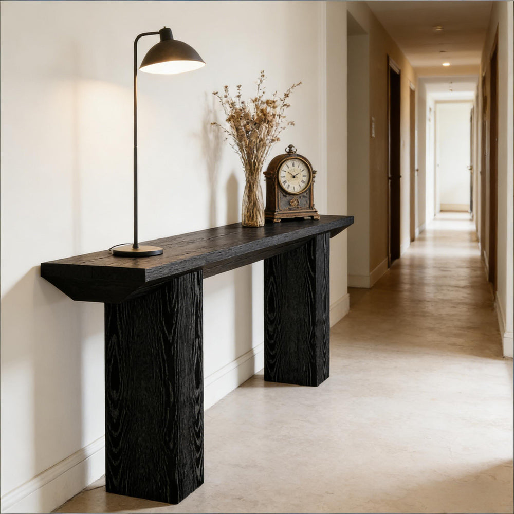English Elm Practical Geometric Console Table with Matte Black Wood Grain Finish for Entryway or Sofa T3971P452021