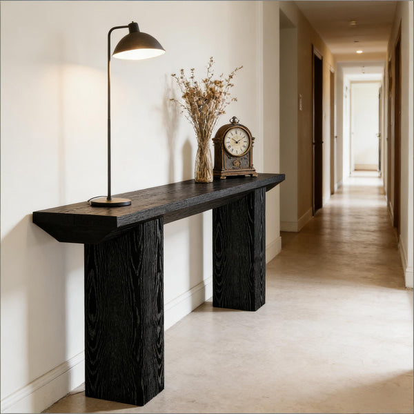 English Elm Practical Geometric Console Table with Matte Black Wood Grain Finish for Entryway or Sofa T3971P452021