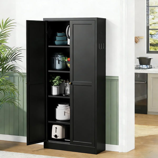 English Elm 61" Matte Black Steel Freestanding Pantry Cabinet with 4 Adjustable Shelves Modern Farmhouse T2398P465983