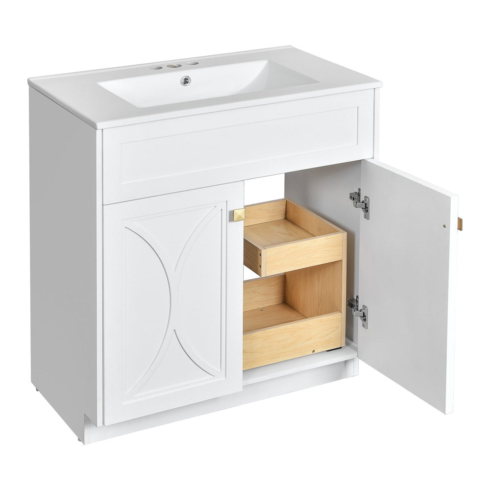 English Elm 30'' Bathroom Vanity With Ceramic Sink Combo - Modern Freestanding Cabinet, Gold Handles & Soft-Close Doors N710P194898K