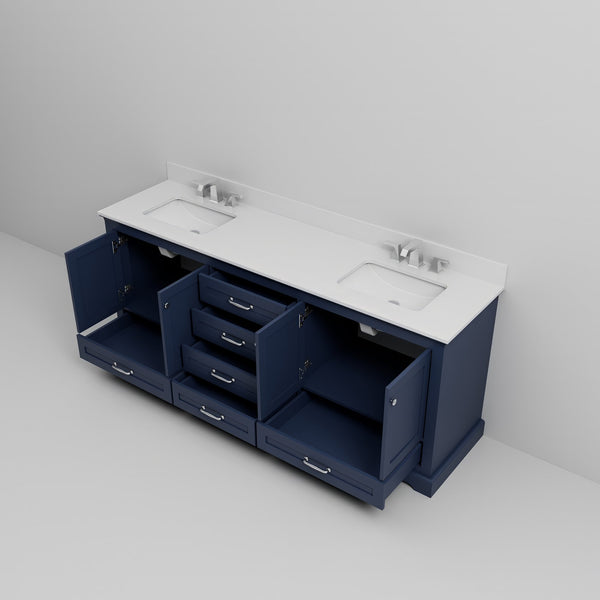 English Elm Navy Double Bath Vanity 80" W x 22" D with White Quartz Top, Soft-Close Storage & Chrome Faucet Set B2731P258409