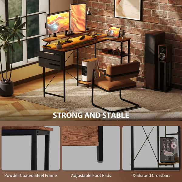 English Elm Homcom Rustic Brown L Shaped Corner Desk with Led Strip Power Outlet Monitor Shelf W2225P485648