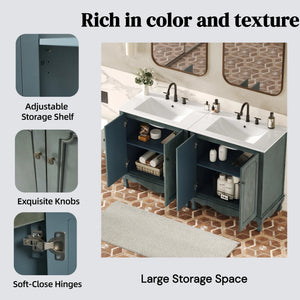 English Elm Christopher Knight Home® - 60" Retro Double Sink Bathroom Vanity Set with Soft-Close Doors, Adjustable Shelves, Rubberwood Legs Antique blue green,Teal N817P245317B