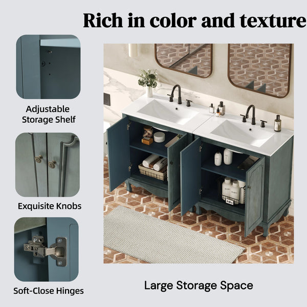 English Elm Christopher Knight Home® - 60" Retro Double Sink Bathroom Vanity Set with Soft-Close Doors, Adjustable Shelves, Rubberwood Legs Antique blue green,Teal N817P245317B
