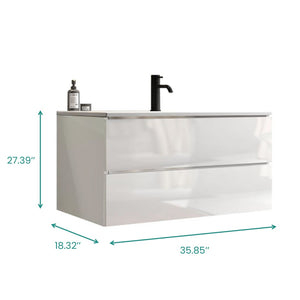 English Elm Tia 36" Glossy White Floating Bathroom Vanity With Ceramic Sink & Soft-Close Drawers For Modern Spaces W1865S00105-GIGA
