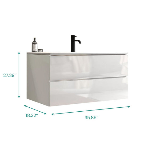 English Elm Tia 36" Glossy White Floating Bathroom Vanity With Ceramic Sink & Soft-Close Drawers For Modern Spaces W1865S00105-GIGA