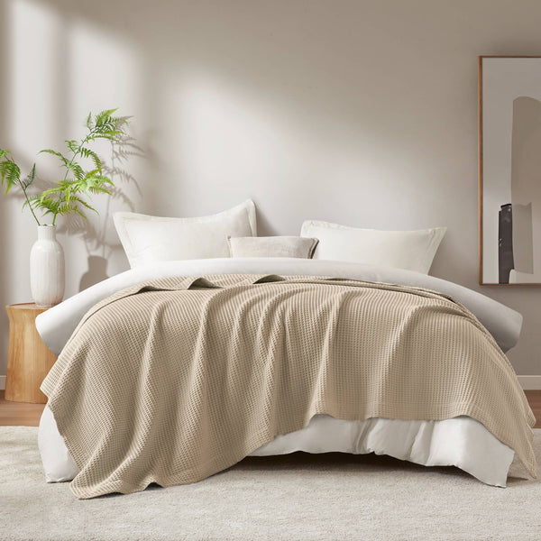 JLA Home Madison Park - Cotton Waffle Weave Blanket — Ultra-Soft Breathable 100% Cotton, OEKO-TEX Certified, Machine Washable Khaki BR51N-3838