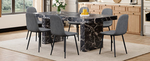 English Elm Table and Chair Set 7 Piece Marble Pattern Mdf Top with Linen Dining Seats Black,Dark Gray W1151S03917