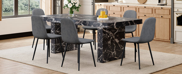 English Elm Table and Chair Set 7 Piece Marble Pattern Mdf Top with Linen Dining Seats Black,Dark Gray W1151S03917
