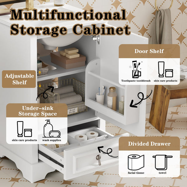English Elm 20 Inch Bathroom Vanity with Ceramic Sink, Soft-Close Door, Adjustable Shelf, Smart Storage Organizing Design White N729P299505K