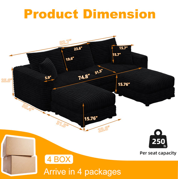 English Elm 82.7" Plush Corduroy 3-Seat Sofa - Modern Cloud Couch With Ottomans, Deep Comfort For Any Space W1885S00155